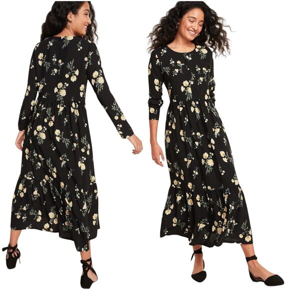 Old Navy Tiered Floral Maxi Dress M Black Pockets Prairie Dark Cottagecore Boho - Picture 2 of 15